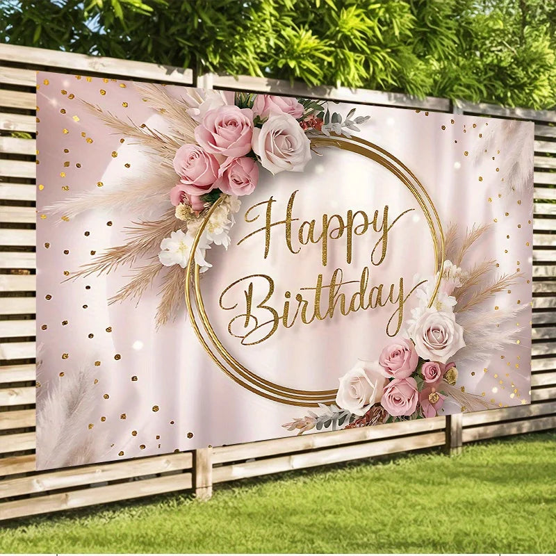 Happy Birthday Party Banner | Multi colored background with floral and gold glitter accents | Elegant Pink