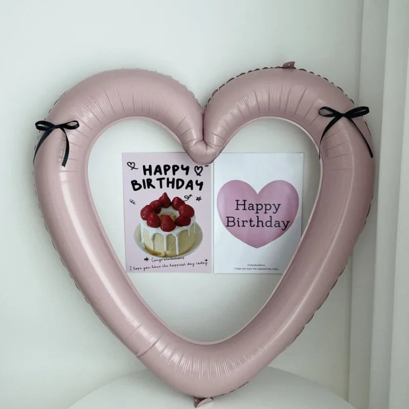Happy Birthday Heart Photo Frame Balloon with Bowknot Stickers Girlsfriend Birthday Party Photo Props Wedding Ballon Decoration