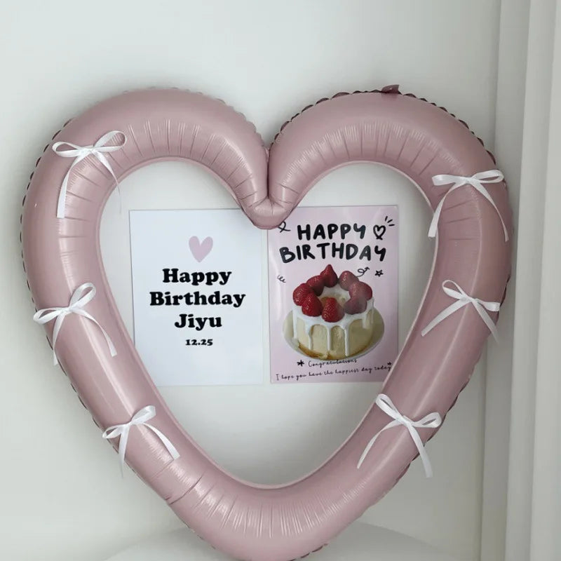 Happy Birthday Heart Photo Frame Balloon with Bowknot Stickers Girlsfriend Birthday Party Photo Props Wedding Ballon Decoration
