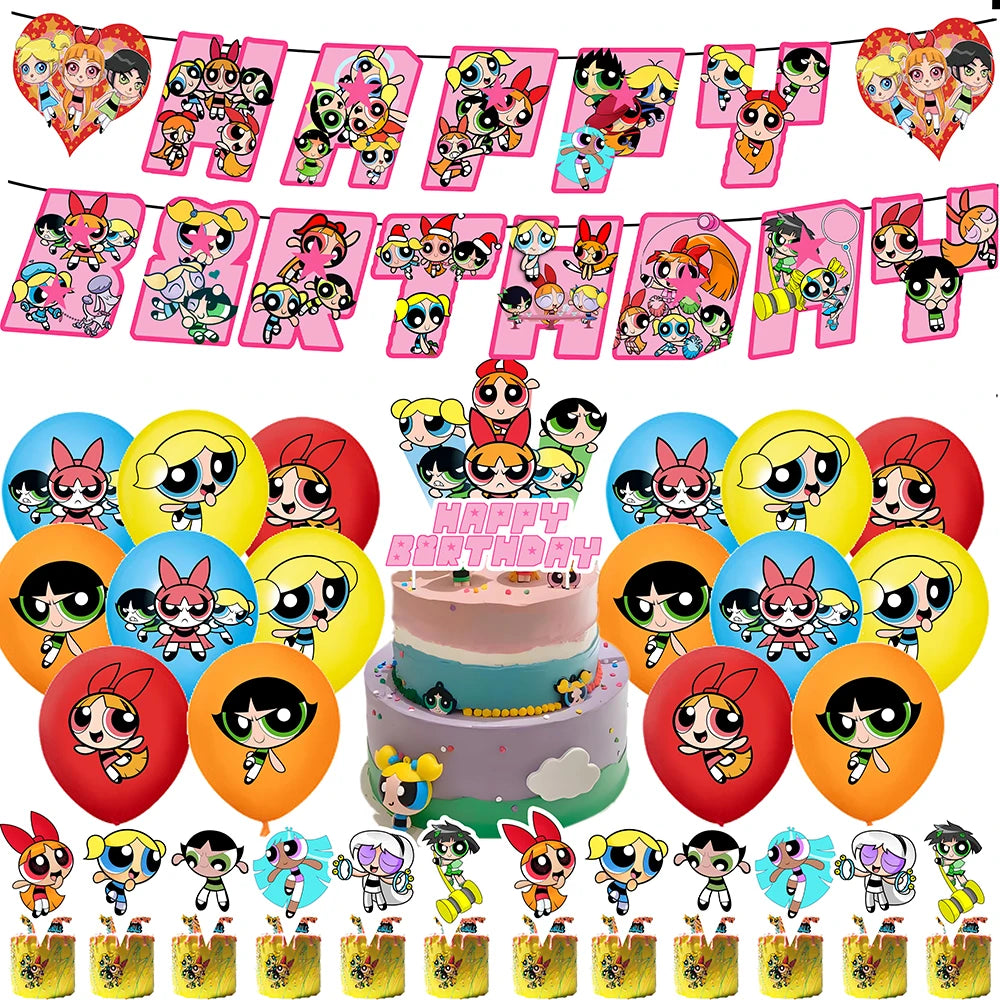 Cartoon Powerpuff Girls 1-9th Birthday Party Balloon Decoration Kit Number Foil Balloon Cake Topper Baby Shower Favors Globos