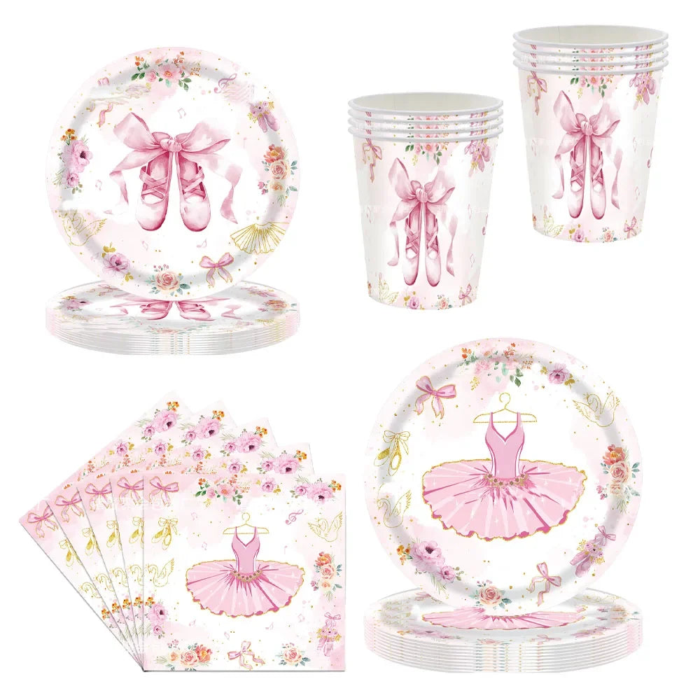 Pink Ballerina Birthday Party Decorations Supplies Ballet Dancer Floral Disposable Tableware Plates Cups Napkins Tablecloth Set