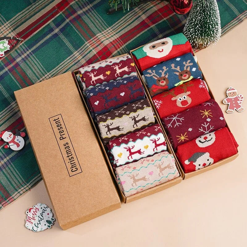 Christmas Pattern Socks 5 Pairs Set Festive Holiday Socks with Santa Design Warm Crew SocksCute Socks Stocking Stuffers Gifts