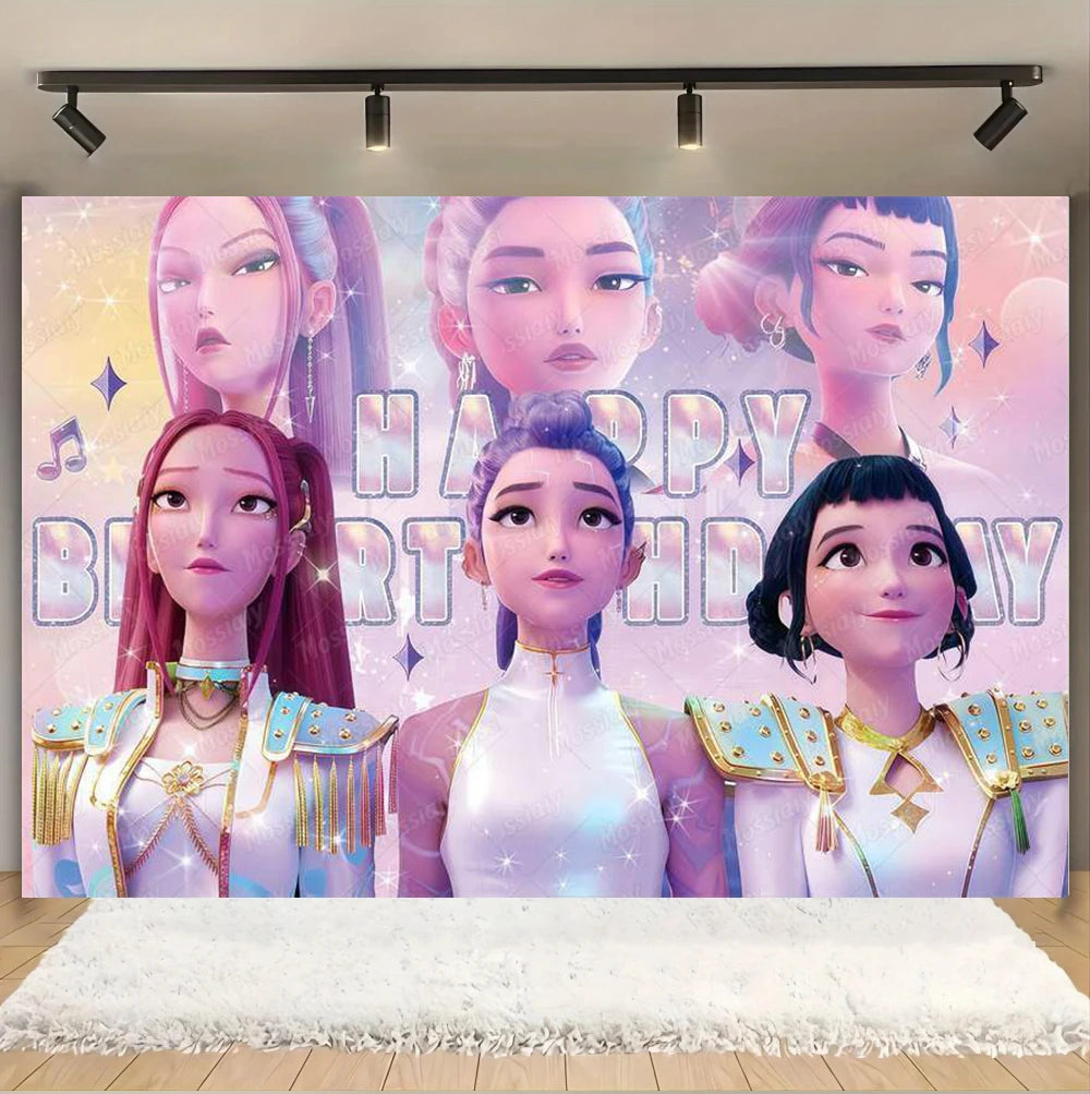 Kpop Theme Girl's Birthday Party Decoration Backdrop Pink Demons Kids Birthday Party Supplies Decor Banner Background Photo Prop