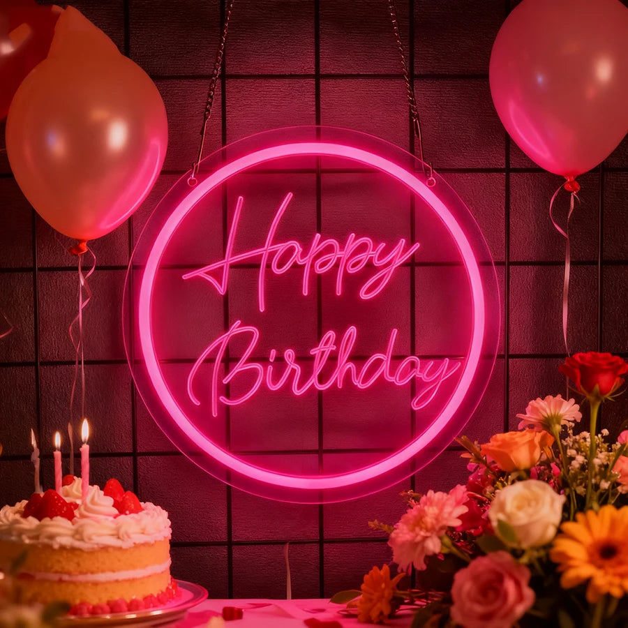 Happy Birthday Neon Sign for Wall Decor, USB Powered LED Neon Sign with Switch, Ideal for All Ages Home Party Decor
