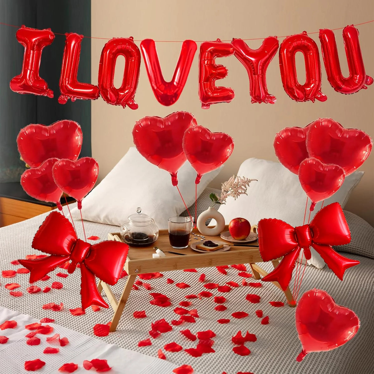 57 Pcs I LOVE YOU Balloon Set with Red Bow Star Aluminum Balloon Valentine's Day Wedding Anniversary Birthday Party Decoration