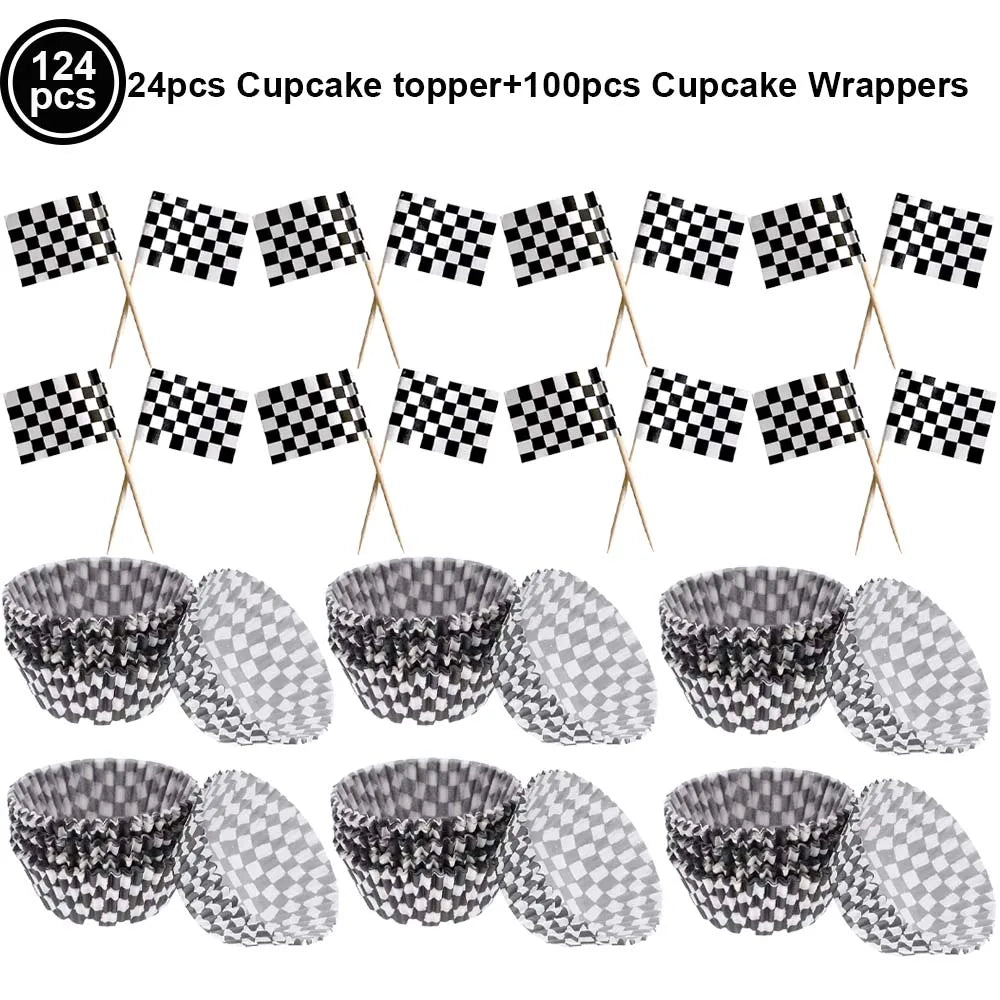 Wheel Racing Car Party Cake Decor Tire Cupcake Topper Mini Checkered Racing Flag Cupcake Toppers Racing Theme Party Supplies