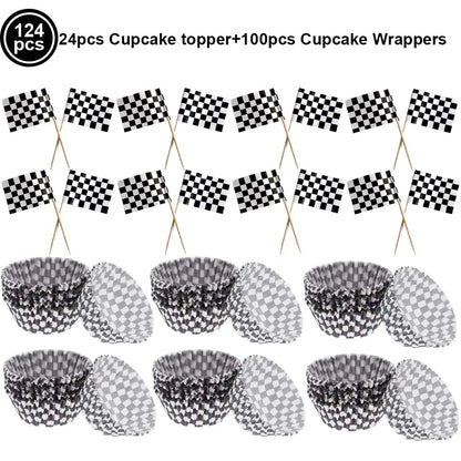 Racing Car Tire & Checkered Flag Cupcake Toppers