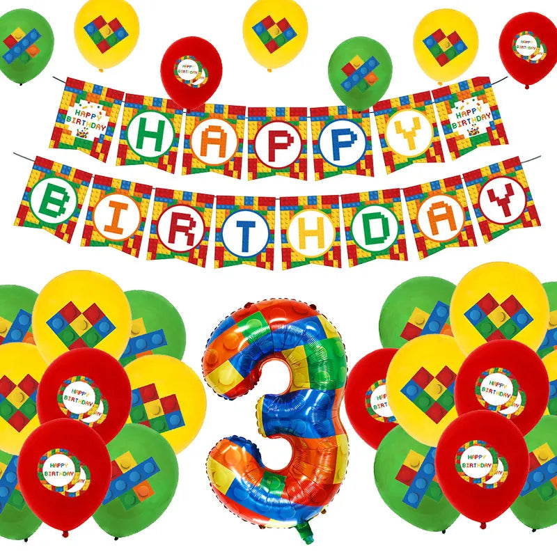 Kids Building Blocks Birthday Party Decoration Colorful Building Block Theme Party Supplies Kit Plates Cups Napkins Straw Ballon