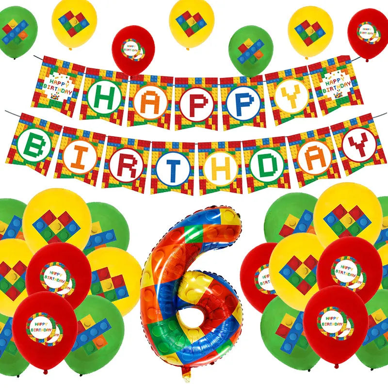 Kids Building Blocks Birthday Party Decoration Colorful Building Block Theme Party Supplies Kit Plates Cups Napkins Straw Ballon