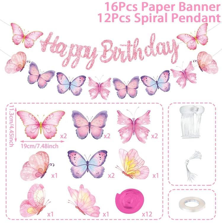 Pink Happy Birthday Banner With Butterflies