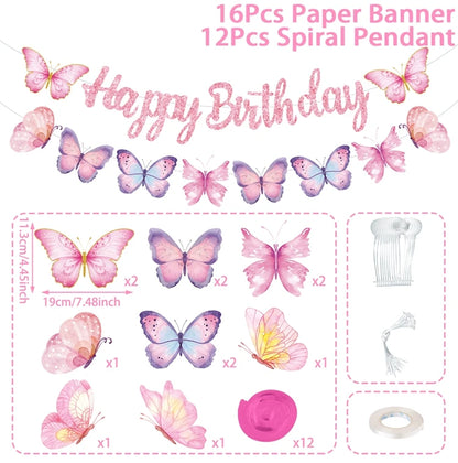 Pink Happy Birthday Banner With Butterflies