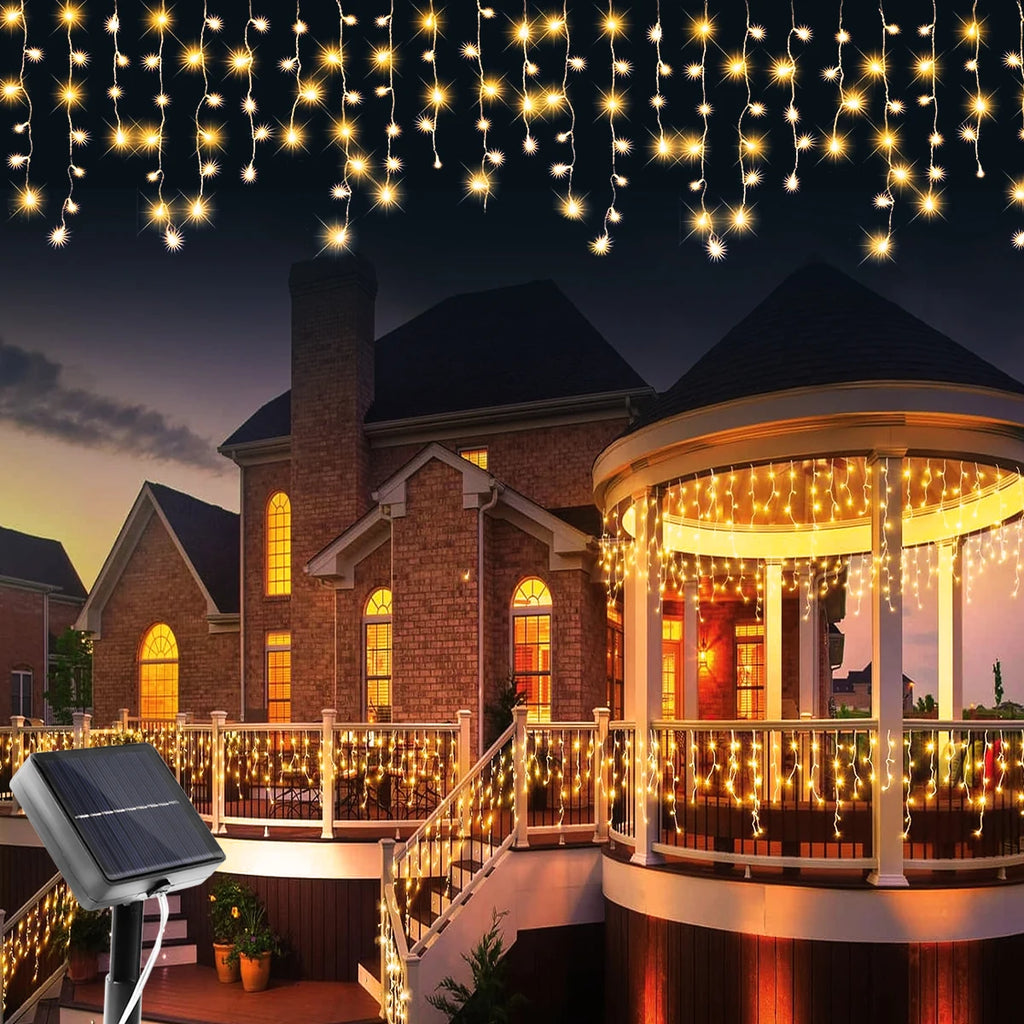 Solar Curtain Icicle Lights Christmas Lights Outdoor Waterproof Eaves Decor String Lights for Yard Party Holiday Decorations