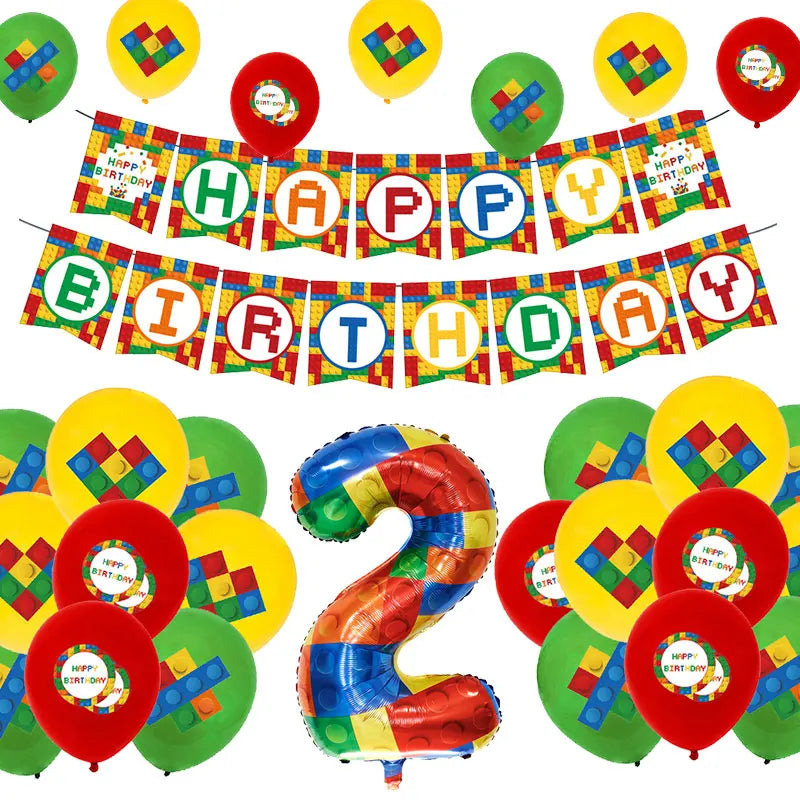 Kids Building Blocks Birthday Party Decoration Colorful Building Block Theme Party Supplies Kit Plates Cups Napkins Straw Ballon