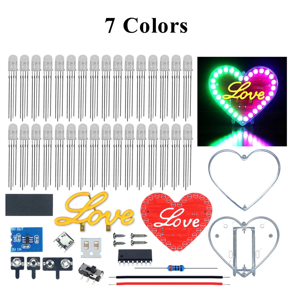 LED Heart-Shaped Flow Light DIY Electronic Kit with 7 Colors LED Lights Battery Powered DIY Soldering Practice Kit