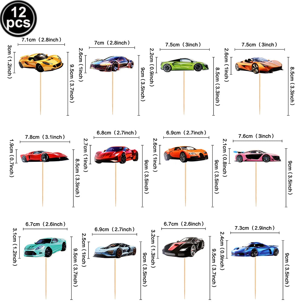 12pcs Racing Car Cupcake Toppers Racing Car Theme Cake Decoration Baby Shower Kids Boys Girls Racing Car Birthday Party Supplies