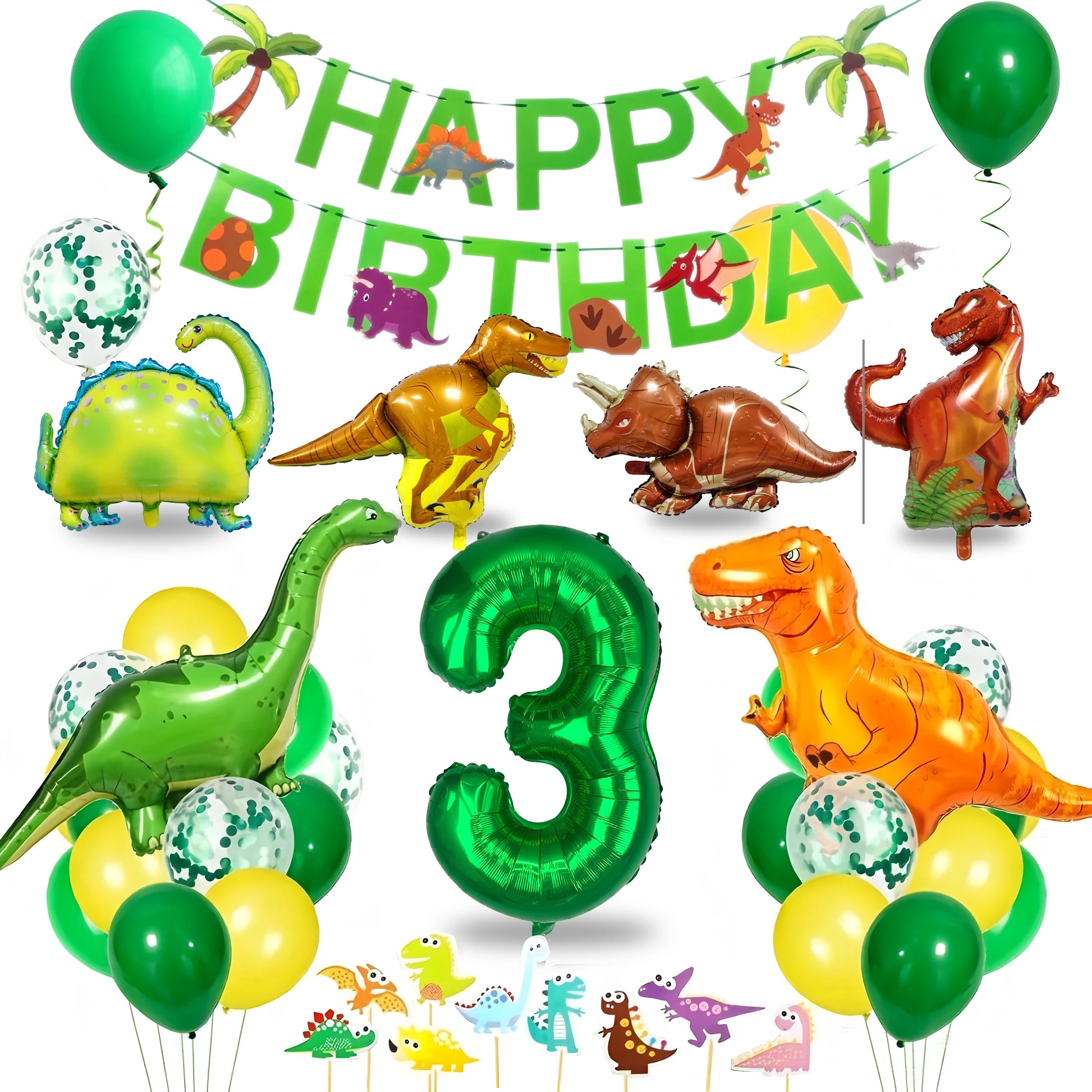 Dinosaur Birthday Party Supplies for Kids Age 2-6, Foil Balloons Set with Banner, Cake Topper, Decorations Kit (Boys & Girls)
