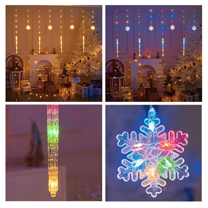 LED Christmas Icicle Snowflake Curtain Lights Indoor & Outdoor, USB Supply + Remote Control, 8 Light Modes, Easy Plug-and-Play