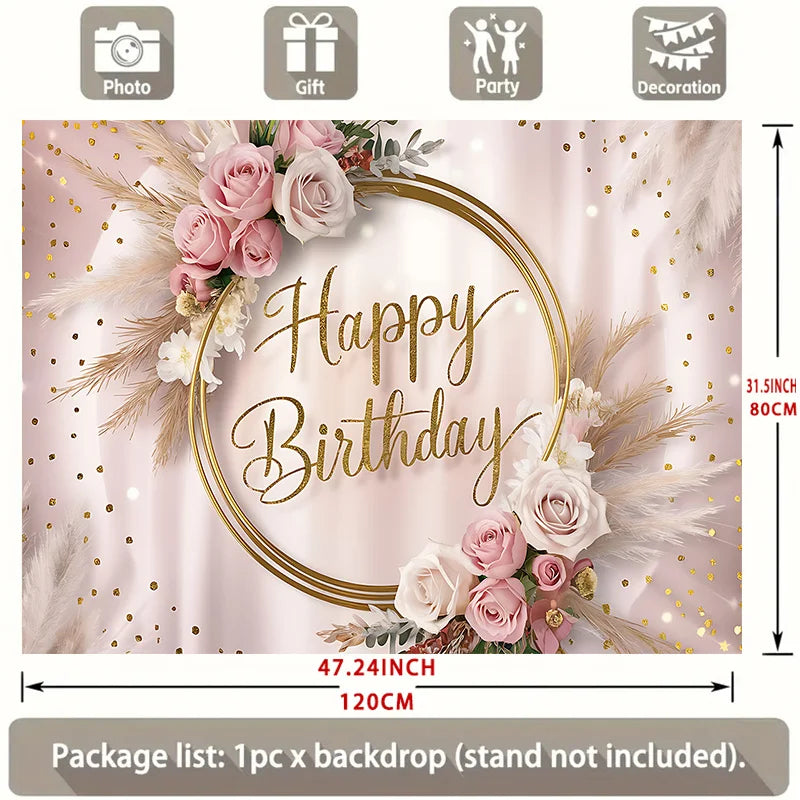 Happy Birthday Party Banner | Multi colored background with floral and gold glitter accents | Elegant Pink