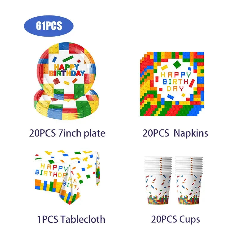 Kids Building Blocks Birthday Party Decoration Colorful Building Block Theme Party Supplies Kit Plates Cups Napkins Straw Ballon