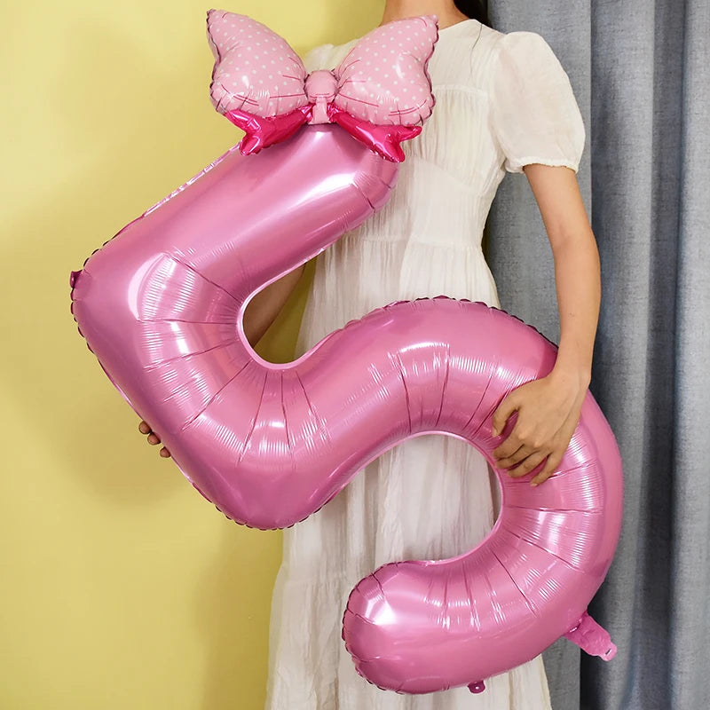 1Pc Large 40inch Number Pink Foil Balloon With Bow 1 2 3 4 5 6 7 8 9 For Kid Boys Girls Birthday Party Baby Shower Decorations