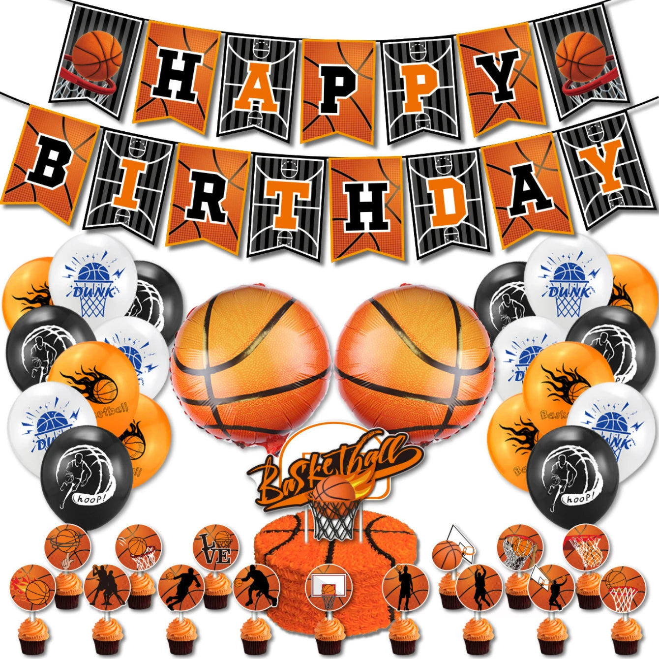 Basketball Theme Birthday Party Decorations Set Banner Balloons Cake Toppers Ribbons for Kids Boys Sports Party Supplies