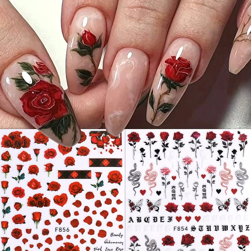 One Set2Valentine's Day nail decoration stickers，Featuring bright red roses and romantic love words，Incorporates elements of but