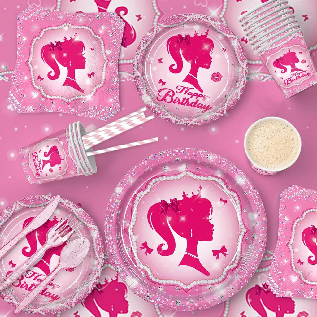 New Princess Birthday Party Decoration Tableware Pink Princess Theme Plates Cups Napkins Ballon Girl Birthday Party Supplies kit