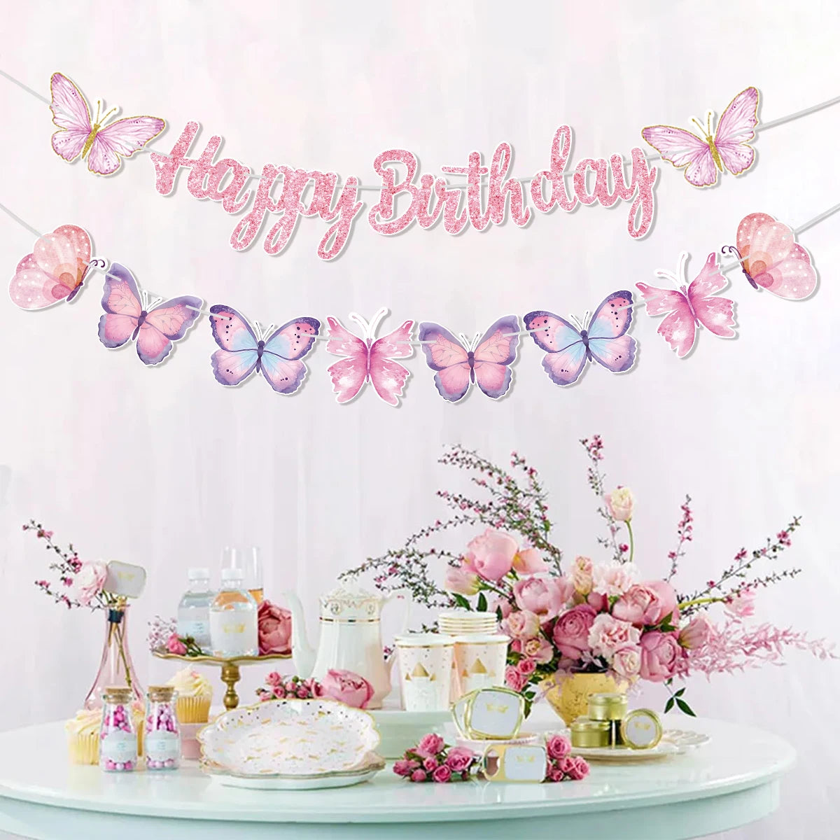 Pink Happy Birthday Banner With Butterfly Dancing Hanging Pendant Garlands  Princess 1st Happy Birthday Party Decorations