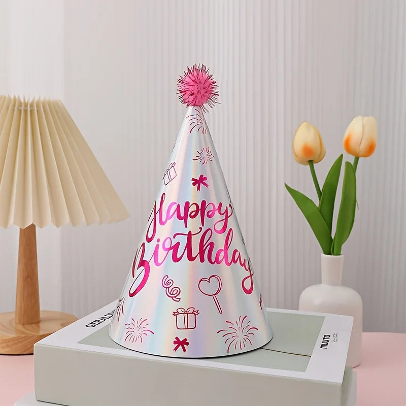 10pcs Birthday Party Hats Rose Red Gold Hairball Hats Festival Party Supplies Happy Birthday Headwear Cartoon Printed Paper Hat