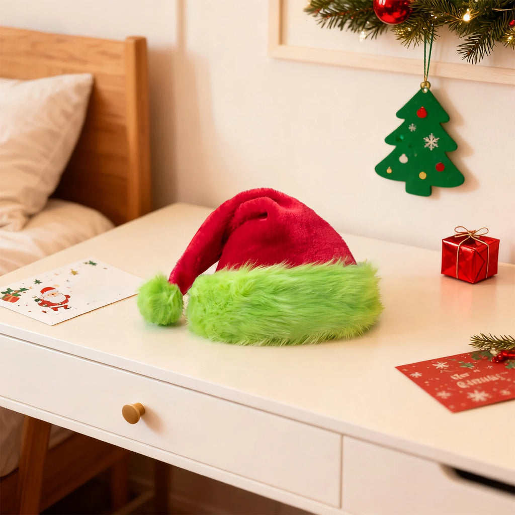 Christmas Santa Hat for Adults,Green Edged Velvet Santa Hats Plush Christmas Hat for Xmas New Year Party Decorations & Supplies