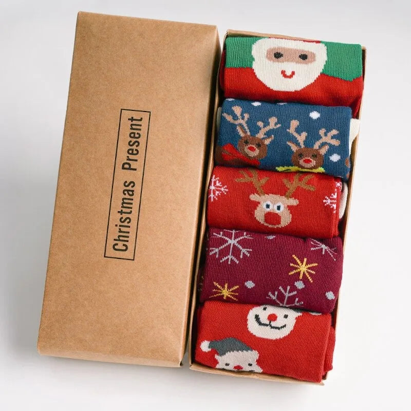 Christmas Pattern Socks 5 Pairs Set Festive Holiday Socks with Santa Design Warm Crew SocksCute Socks Stocking Stuffers Gifts