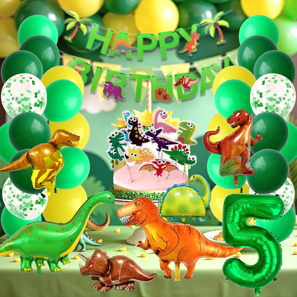 Dinosaur Birthday Party Supplies for Kids Age 2-6, Foil Balloons Set with Banner, Cake Topper, Decorations Kit (Boys & Girls)