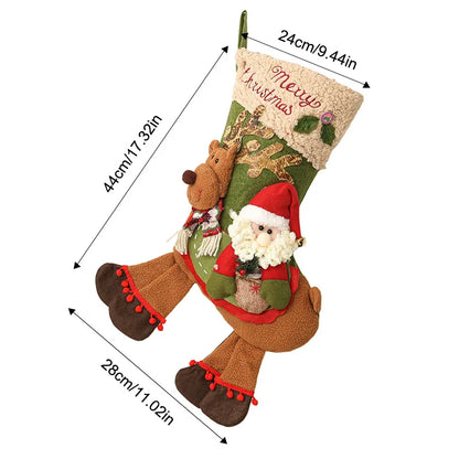Plush Christmas Stocking — Reindeer & Santa Claus Design