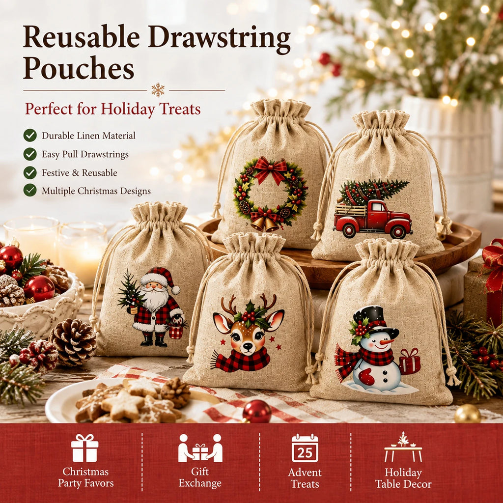 5/20/50PCS Reusable Christmas Drawstring Pouches 5 Festive Linen Look Bags for Candy, Cookies Gift Wrapping and Party Favors Gif