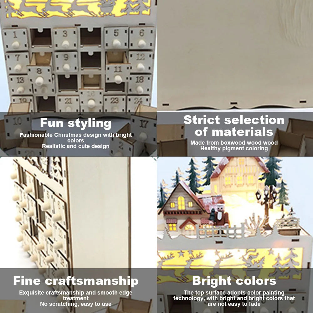 Advent Calendars Christmas Wooden Advent Calendar LED Lighted Village House Countdown Ornament with Drawers Box Decor Gift