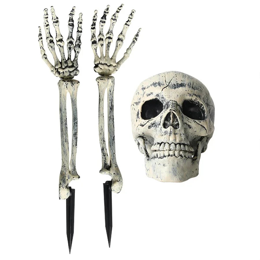 Halloween Decor Skeleton Head Outdoor Scary Props Realistic Skull Hands Yard Prank Festivals Party Supplies Garden Decorations