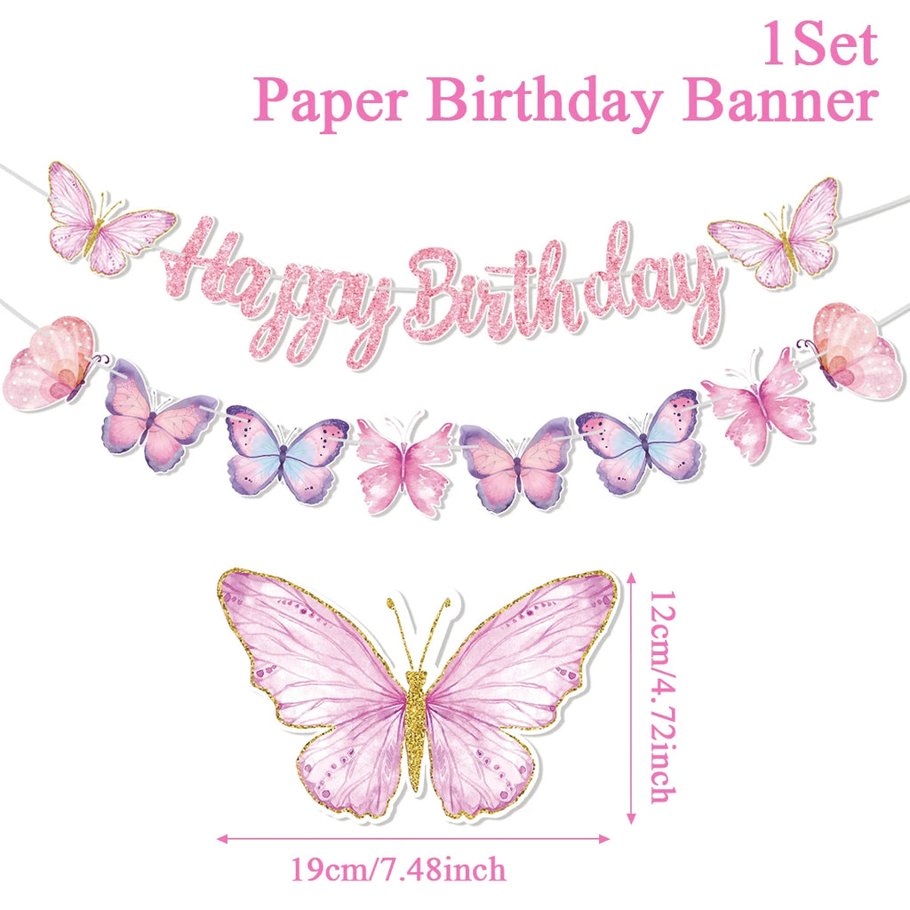 Pink Happy Birthday Banner With Butterfly Dancing Hanging Pendant Garlands  Princess 1st Happy Birthday Party Decorations