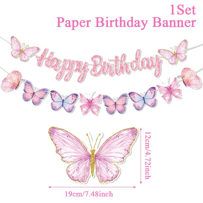 Pink Happy Birthday Banner With Butterflies