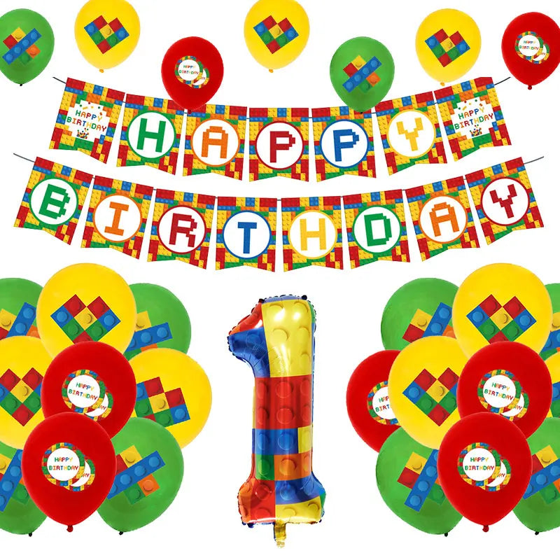 Kids Building Blocks Birthday Party Decoration Colorful Building Block Theme Party Supplies Kit Plates Cups Napkins Straw Ballon
