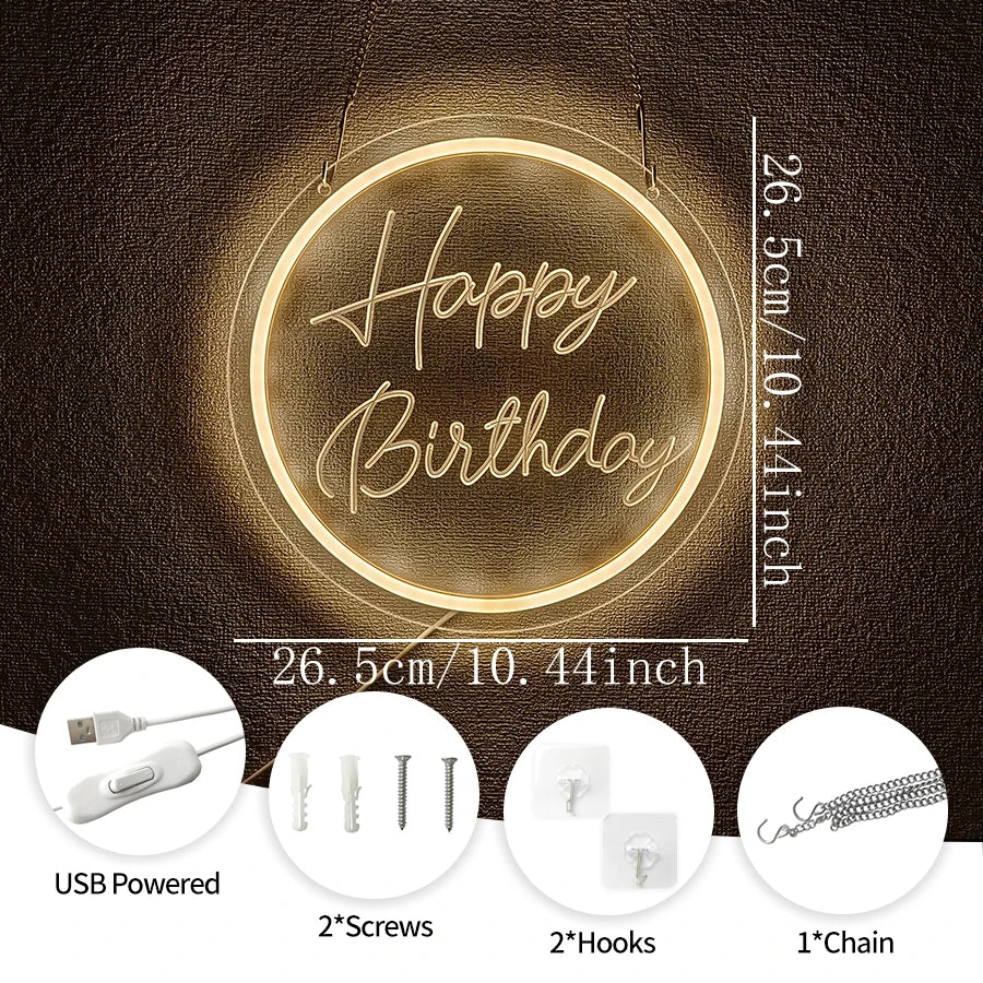 Happy Birthday Neon Sign for Wall Decor, USB Powered LED Neon Sign with Switch, Ideal for All Ages Home Party Decor
