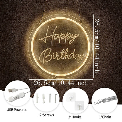 Happy Birthday Neon Sign for Wall Decor, USB Powered LED Neon Sign with Switch, Ideal for All Ages Home Party Decor