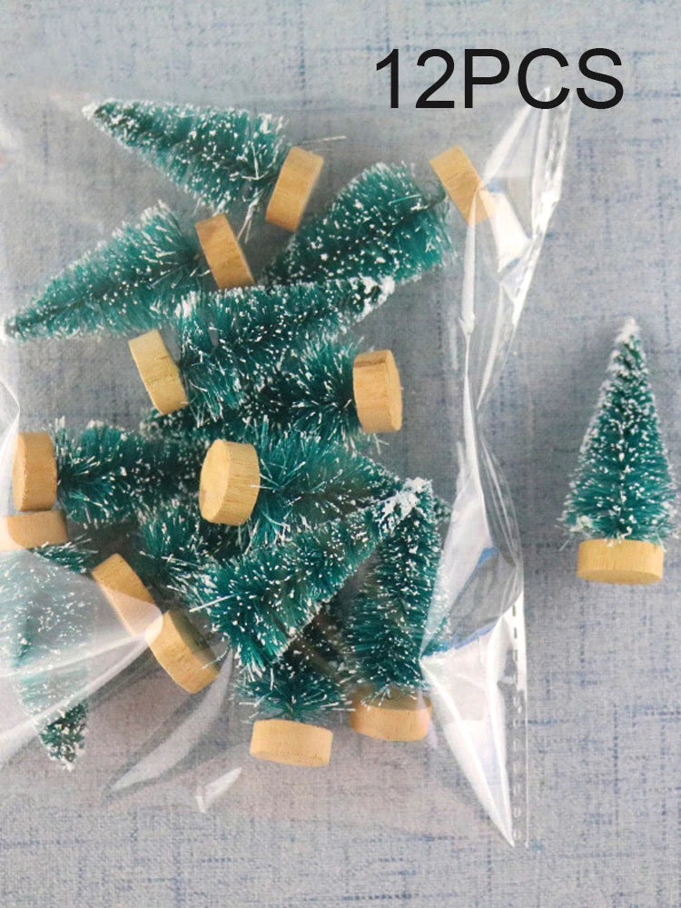 12Pcs Mini Christmas Tree DIY Ornament Artificial Pine Sisal Snow Landscape Xmas Trees Decoration Tabletop Navidad Decor Gifts