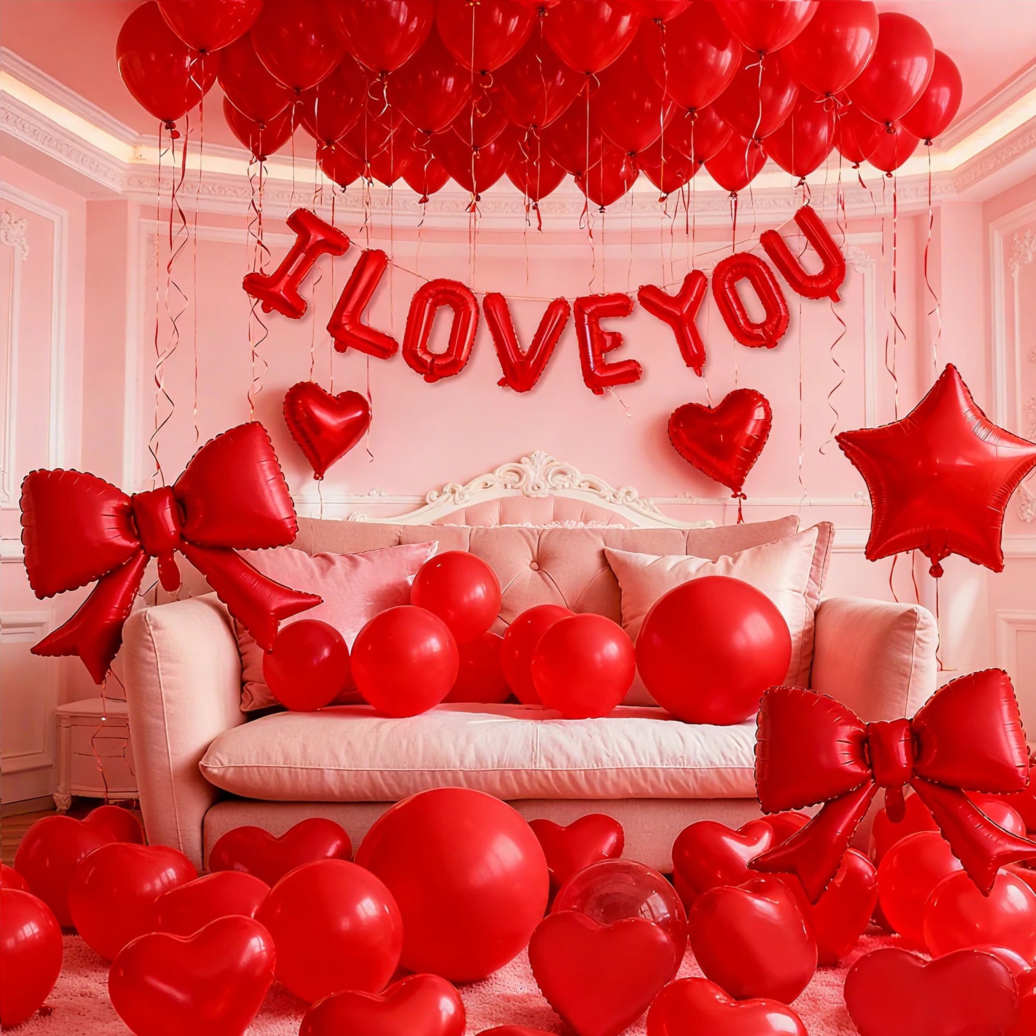 57 Pcs I LOVE YOU Balloon Set with Red Bow Star Aluminum Balloon Valentine's Day Wedding Anniversary Birthday Party Decoration