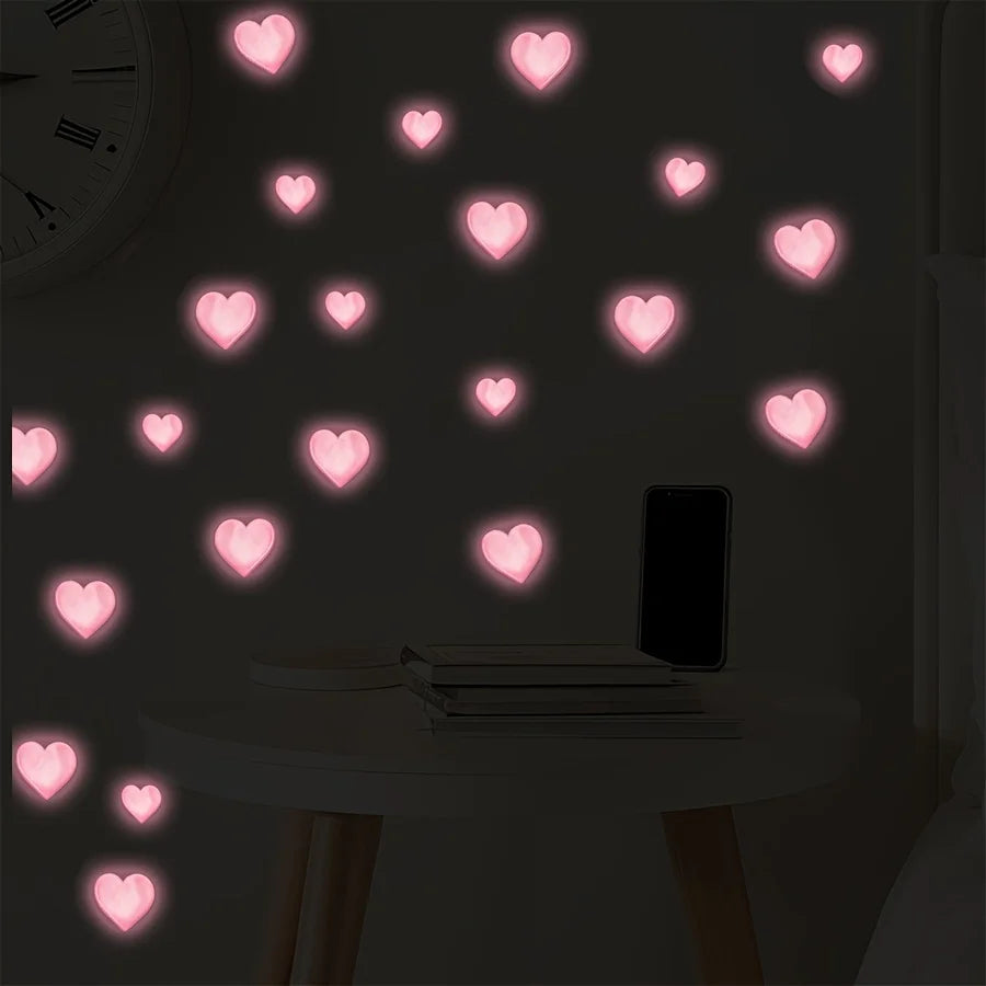 Pink Love Luminous Wall Stickers Glow in The Dark Love Heart DIY Wall Decals for Baby Room Nursery Home Romantic Decoration