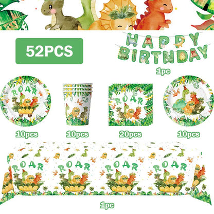 Dinosaur Birthday Decoration Party Supplies Set Cup Plate Tablecloth Dinosaur Balloons Happy Banner Cake Topper for Kids Favors