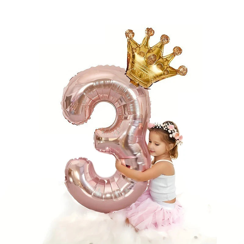 32Inch Rose Gold Crown Number Foil Balloons - Princess Birthday Party Decorations for Wedding Xmas Anniversary Celebration (