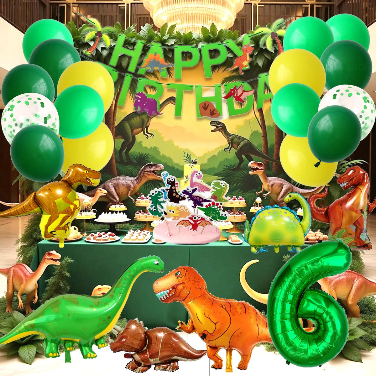 Dinosaur Birthday Party Supplies for Kids Age 2-6, Foil Balloons Set with Banner, Cake Topper, Decorations Kit (Boys & Girls)