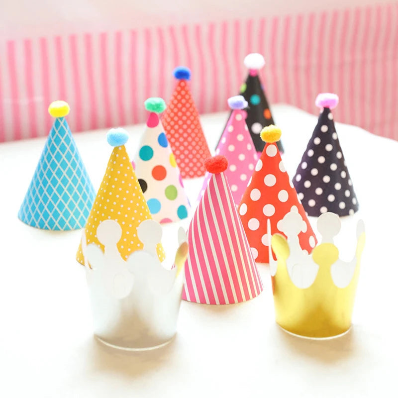 11Pcs/Bag Happy Birthday Party Hats Polka Dot DIY Handmade Cap Crown Baby Shower Decoration Boy Girl Birthday Party Photo Props
