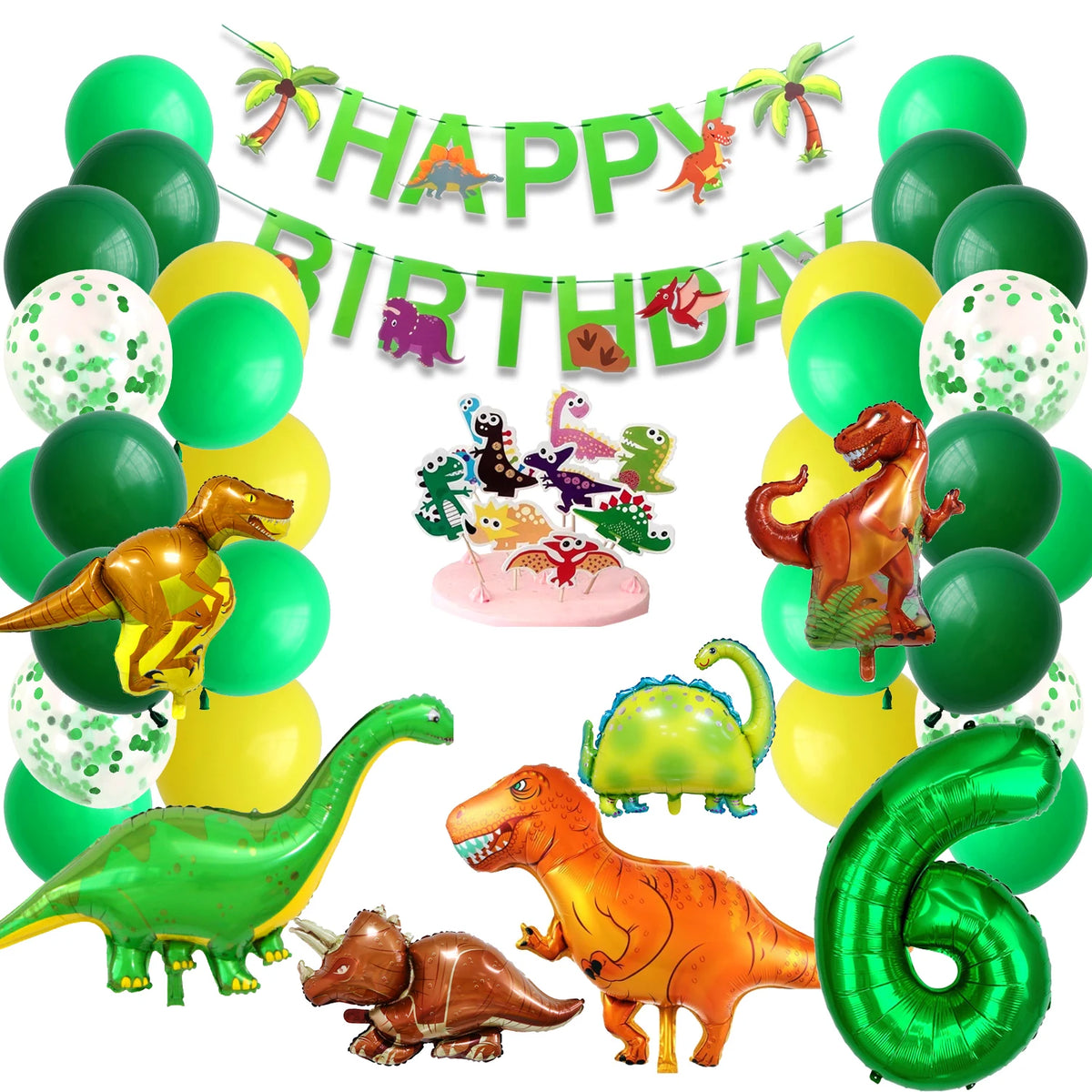 Dinosaur Birthday Party Supplies for Kids Age 2-6, Foil Balloons Set with Banner, Cake Topper, Decorations Kit (Boys & Girls)
