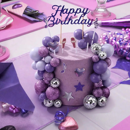 K-Pop Theme Cake Topper Kit: 3D Disco Balls, Heart, Stars & “Happy Birthday” – Ideal for Music Lovers